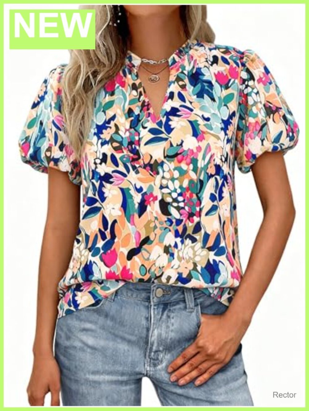 Chiffon Floral Blouse V-Neck Puff Sleeve Work Top for Women